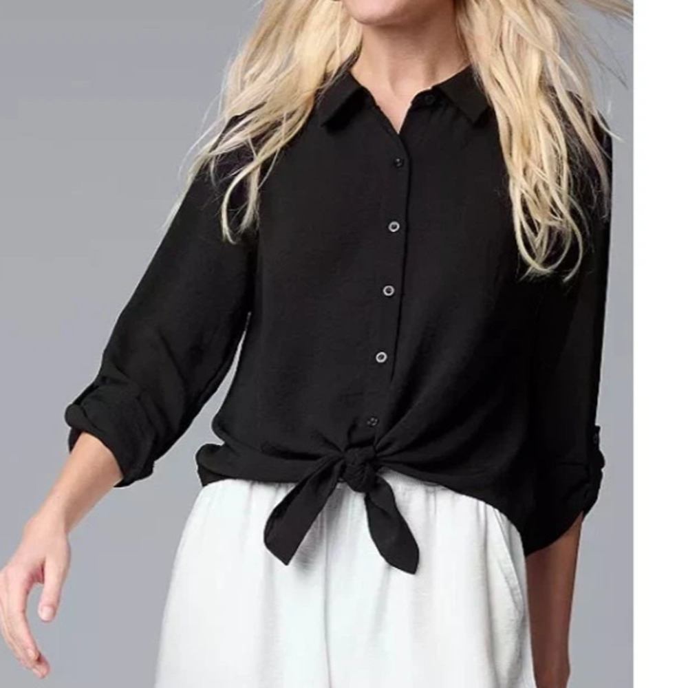 Simply Vera Vera Wang Knot-Front Roll-Tab Shirt black size Large NWT